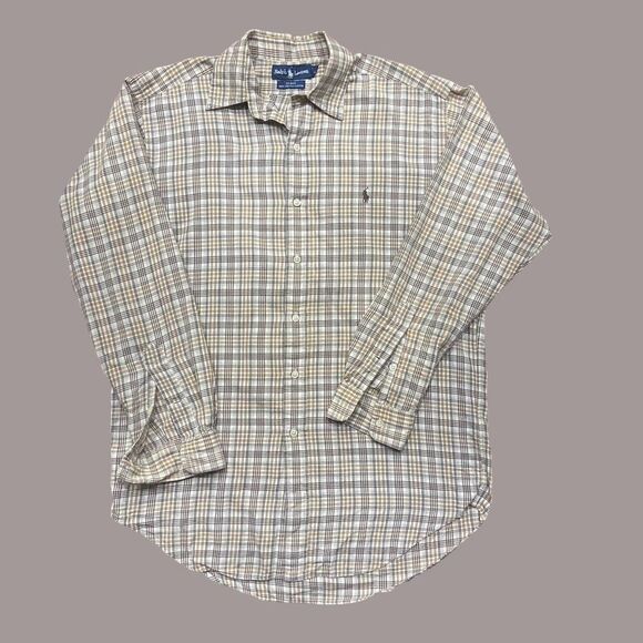 Polo Ralph Lauren Vtg Blake Button Front Cream Tan Plaid Shirt Men's Size Small - Picture 1 of 9